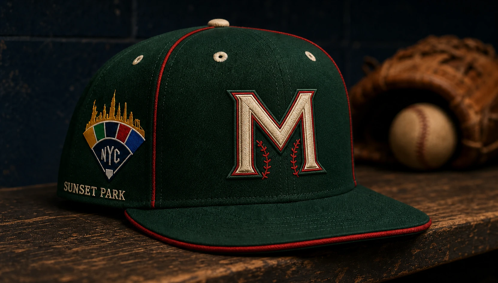 Original Mexico cap concept in forest green with cream M, red stitching, the World League skyline crest, and Sunset Park embroidery