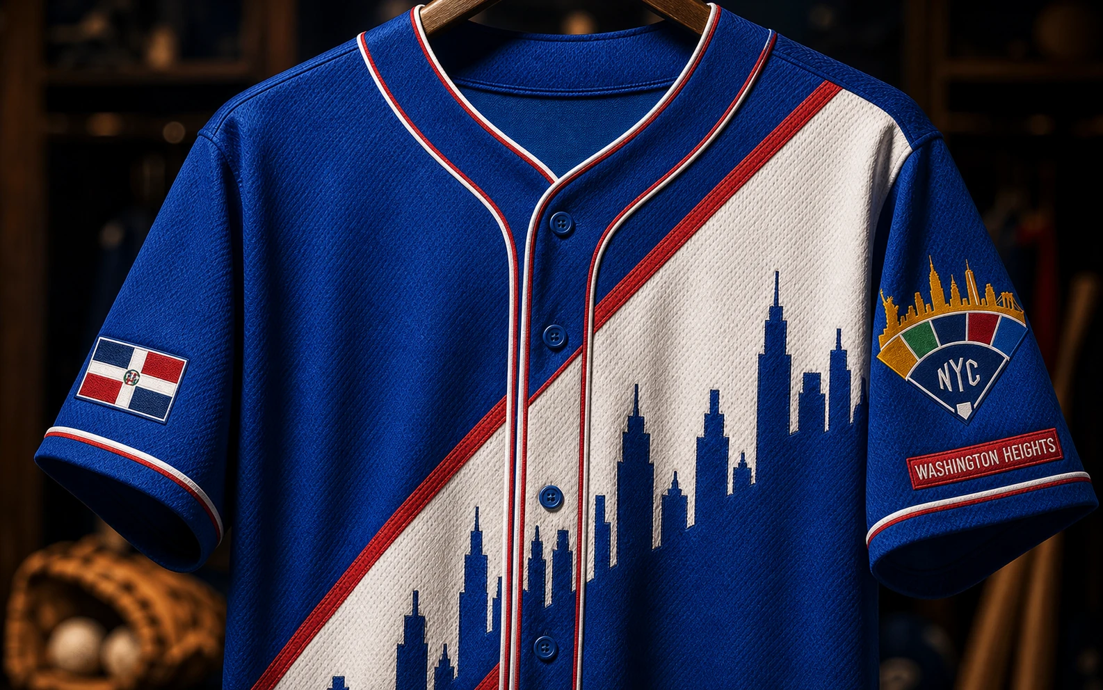 Original Dominican Republic jersey concept with a blue and ivory diagonal skyline sash, World League crest, and Washington Heights sleeve detail