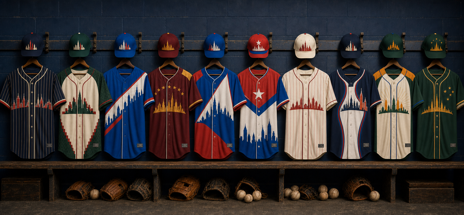Initial World League NYC national uniform studies, each incorporating an embroidered skyline in a Brooklyn ballpark equipment room