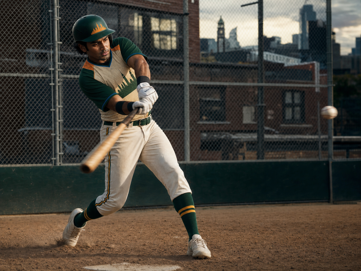 Fictional Indian-American player in a green, cream, saffron, and blue skyline uniform hitting at a Brooklyn community baseball field