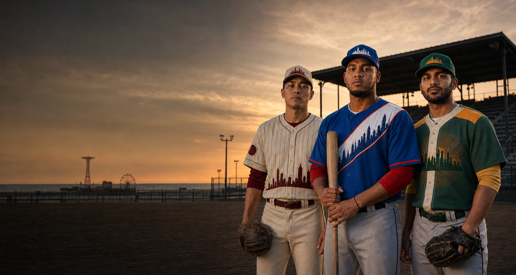 Three fictional New York baseball players in distinctly national Japan, Dominican Republic, and India uniforms with embroidered skylines at a Brooklyn seaside ballpark